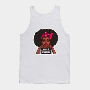 Black is beautiful girl with Afro hair and pink bow, brown eyes, thick lips and dark brown skin Tank Top